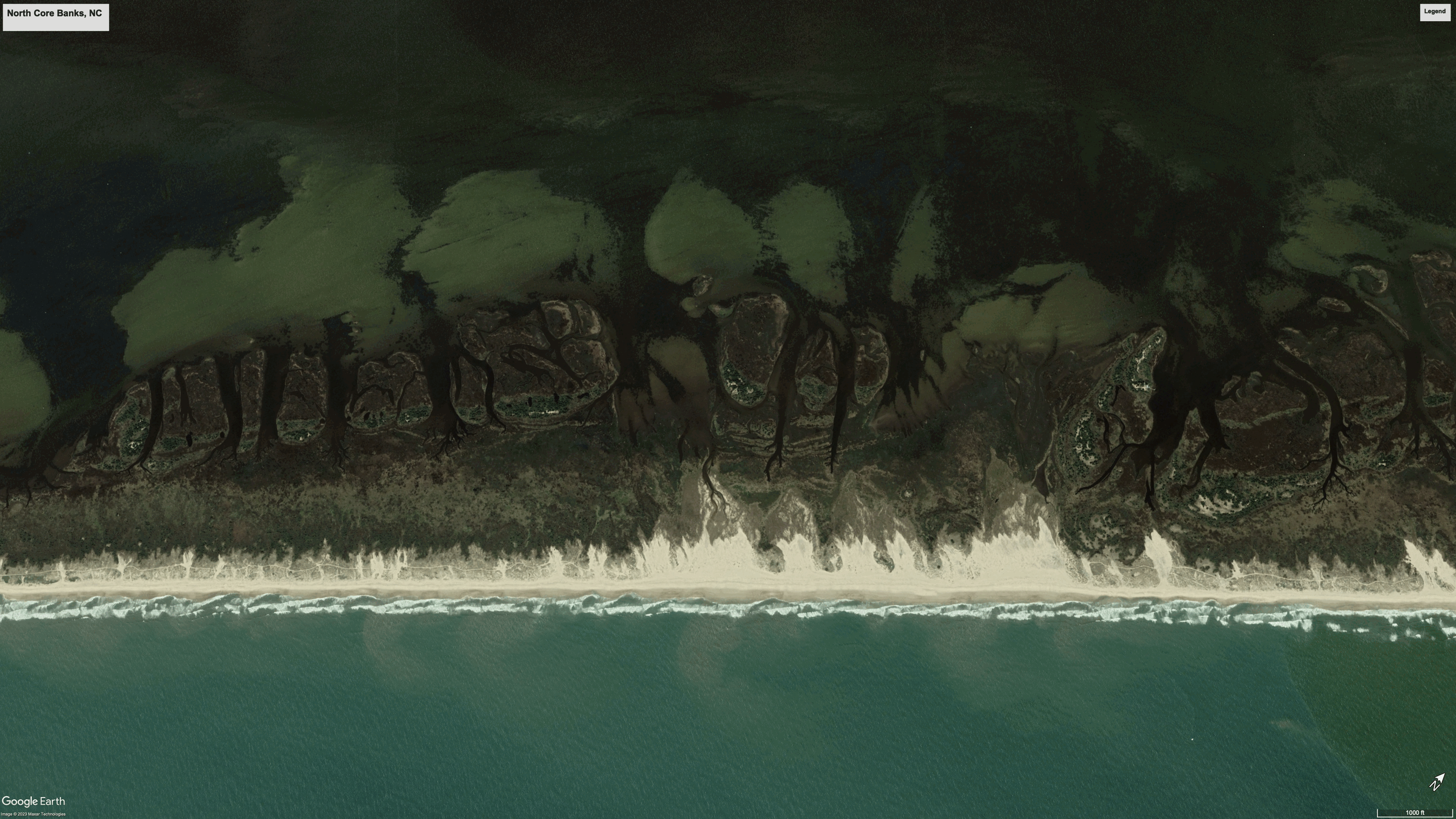 A gif of satellite images of a stretch of sandy coastline and backbarrier marsh in four stages of erosion from breaching during a hurricane and recovery over the following years.